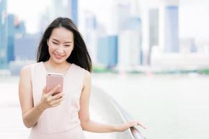 Asian woman using smartphone or mobile phone for talking or text photo