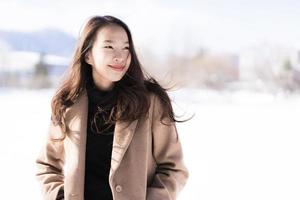 Portrait Young Beautiful asian woman smile happy travel and enjoy with snow winter season photo