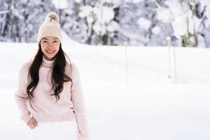 Portrait Young Beautiful asian woman smile happy travel and enjoy with snow winter season photo