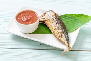 Fried mackerel fish with spicy shrimp paste sauce photo