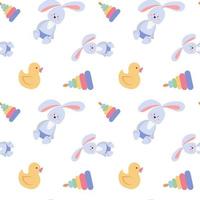 Childrens toys seamless pattern with teddy bear, bunny, rubber duck and cubes. Vector endless texture on white background