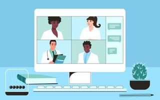 Online conference of doctors on a computer monitor. Medical professionals of different nationalities communicate remotely. Flat vector illustration