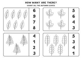 Counting game with black and white autumn leaves. Math worksheet. vector