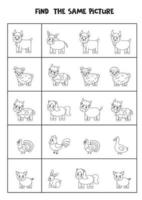 Find two the same farm animals. Black and white worksheet. vector
