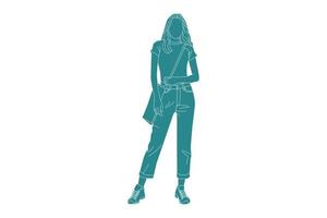 Ilustración vectorial de mujer casual preparándose para ir a la universidad, estilo plano con contorno vector
