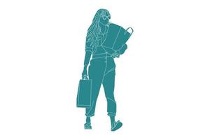 Ilustración vectorial de mujer de moda llegó a casa desde el supermercado, estilo plano con contorno vector