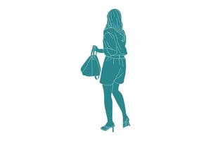 Ilustración vectorial de mujer de moda caminando por la calle lateral con su bolso, estilo plano con contorno vector