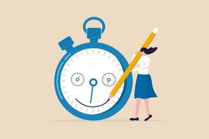 Time management, manage project deadline, improve work efficiency or productivity to finish project on time concept,  happy entrepreneur woman drawing smile face on time counting down timer clock. vector