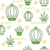 Patrón sin fisuras con dibujos de ilustración de contorno de vector de cactus en macetas para diseño de envases, textiles, fondo, diseño de postales y carteles