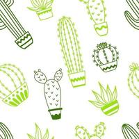 Patrón sin fisuras con dibujos de ilustración de contorno de vector de cactus en macetas para diseño de envases, textiles, fondo, diseño de postales y carteles