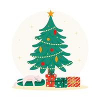 Ilustración navideña con árbol, gato durmiendo y regalos. vector