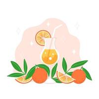 bebida fría, naranjas y hojas en estilo plano. vector