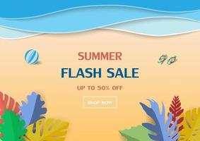 Summer sale banner design with tropical beach on paper art background vector