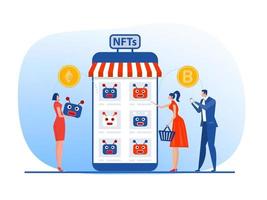 Non fungible token sell and buy art on market place illustration landing page for websites, mobile applications vector
