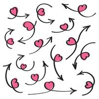 Hand drawn love arrows with pink hearts on the arrows flat style design vector illustration set isolated on white background.