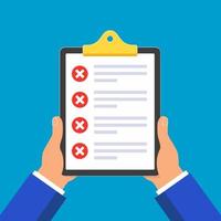 Hands hold clipboard with claim form on it, paper sheets, check marks cross X in the red circle on the list isolated on light blue background vector illustration