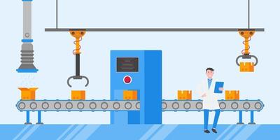 Concepto de ilustración de vector de diseño de estilo plano de línea de montaje de tecnología y industria inteligente 4.0. cinta transportadora de producción con línea de producción de fábrica con brazos robóticos, cajas de cartón y línea automatizada