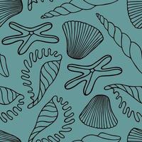 Seamless pattern with exotic seashells and starfish on a mint background in vector