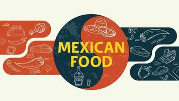 boceto de ilustración para el signo de equilibrio de diseño con la inscripción comida mexicana tequila bebida botella sombrero sombrero pimiento picante tortilla taco o burrito vector