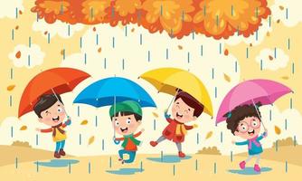 Children Using Umbrella Under The Rain vector