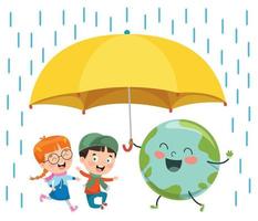 Children Using Umbrella Under The Rain vector