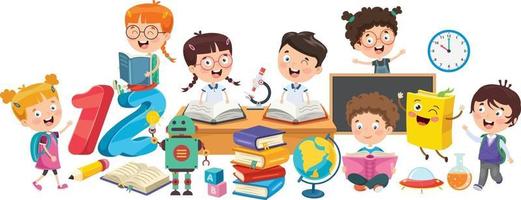 Little School Children Studying And Learning vector