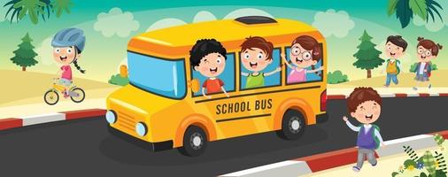 los niños en edad escolar van a la escuela en autobús vector