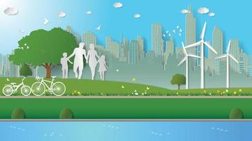 Paper folding art origami style vector illustration Renewable energy ecology sustainable development technology with people concepts, family are walking in park of green city.