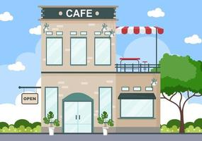 Cafe Illustration With Open Board, Tree, And Building Shop Exterior. Flat Design Concept vector