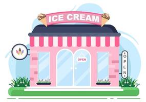 Ilustración de la tienda de helados con tablero abierto, árbol y exterior de la tienda del edificio. concepto de diseño plano vector