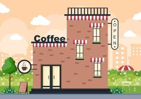 Coffee Shop Illustration With Open Board, Tree, And Building Store Exterior. Flat Design Concept vector