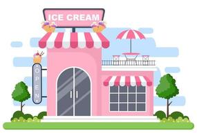 Ice Cream Shop Illustration With Open Board, Tree, And Building Store Exterior. Flat Design Concept vector