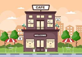 Ilustración de café con tablero abierto, árbol y exterior de la tienda del edificio. concepto de diseño plano vector