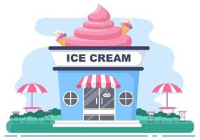 Ice Cream Shop Illustration With Open Board, Tree, And Building Store Exterior. Flat Design Concept vector