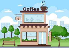 Ilustración de cafetería con tablero abierto, árbol y exterior de la tienda del edificio. concepto de diseño plano vector