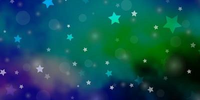 Light Blue, Green vector backdrop with circles, stars. Abstract illustration with colorful spots, stars. Design for wallpaper, fabric makers.