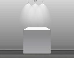 Exhibition Concept, White Empty Box, Stand with Illumination on Gray Background. Template for Your Content. 3d Vector Illustration