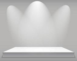 concepto de exposición, soporte de estante vacío blanco con iluminación sobre fondo gris. plantilla para su contenido. Ilustración vectorial 3d vector