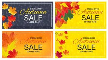 Banner de venta de hojas de otoño brillante. tarjeta de descuento comercial. ilustración vectorial vector