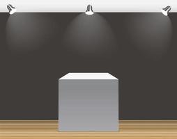 Exhibition Concept, White Empty Box, Stand with Illumination on Gray Background. Template for Your Content. 3d Vector Illustration