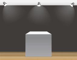 Exhibition Concept, White Empty Box, Stand with Illumination on Gray Background. Template for Your Content. 3d Vector Illustration