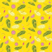 Beautifil Summer Seamless Pattern Background with Palm Tree Leaf Silhouette, Watermelon, Banana and Ice Cream. Vector Illustration