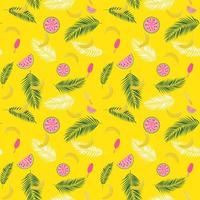 Beautifil Summer Seamless Pattern Background with Palm Tree Leaf Silhouette, Watermelon, Banana and Ice Cream. Vector Illustration