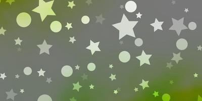 Fondo de vector verde claro, amarillo con círculos, estrellas. diseño abstracto en estilo degradado con burbujas, estrellas. patrón para tela de moda, fondos de pantalla.