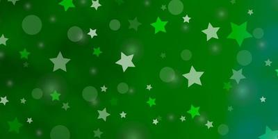 textura de vector verde claro con círculos, estrellas. Ilustración abstracta con manchas de colores, estrellas. patrón para el diseño de tela, fondos de pantalla.