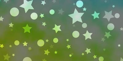 Fondo de vector azul claro, verde con círculos, estrellas. Ilustración abstracta de brillo con gotas de colores, estrellas. diseño para textiles, tejidos, papeles pintados.