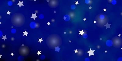 Dark BLUE vector backdrop with circles, stars. Illustration with set of colorful abstract spheres, stars. Design for textile, fabric, wallpapers.