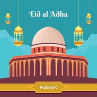 eid al adha mubarak con mezquita y linternas vector