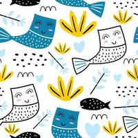 seamless pattern with a colorful cartoon cat mermaid. Funny cat mermaid swimming in the sea. Pattern for textiles, fabrics, clothes, backpack, wrapping paper, web, children vector