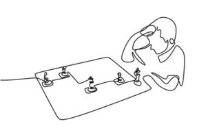 Continuous one line drawing of a person playing chess. Focus to playing. Pawn and queen chess pieces. Chess sport concept. Vector illustration.